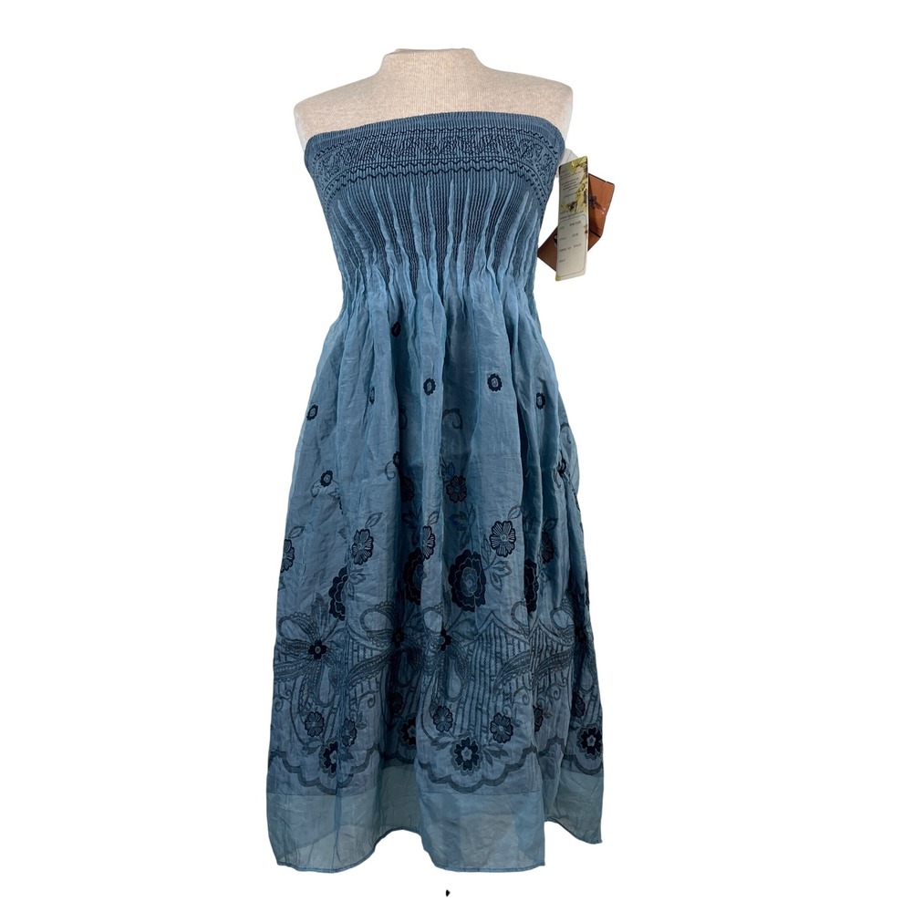 Lapis‎ Blue Smocked Floral Embroidered Strapless Dress Maxi Skirt One Size